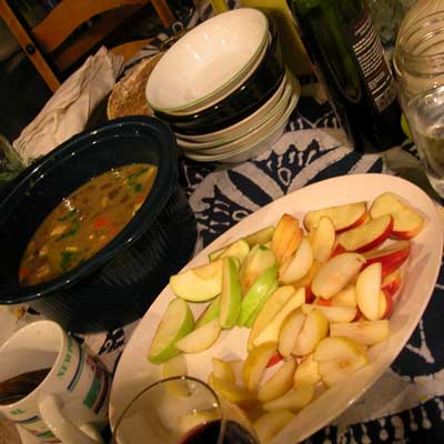 Soup Party Fare: Cheap Wine, Sliced Fruit, Soup and Bread