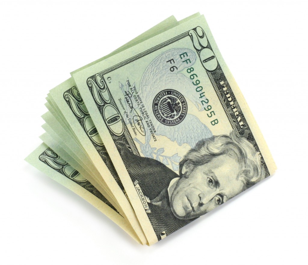Twenties on White twenty dollar bills