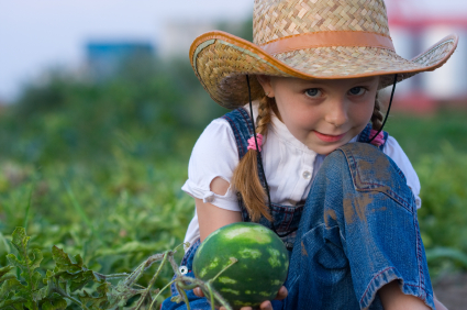 Little girl holding small watermelon