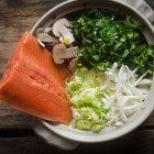 Nabemono: Japanese Winter Hot Pot featuring Miso, Dashi, Salmon, Shiitakes, Leeks, Winter Radish and Spinach.  Super easy.  Ready in 15 minutes,