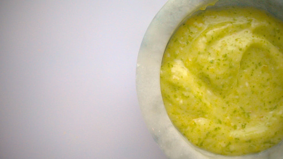 Preserved Lemon and Mint Allioli in a marble bowl.