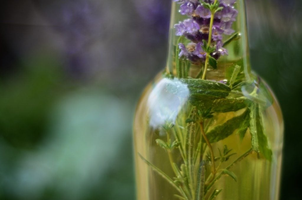 Four thieves vinegar in a glass jar made with fresh herbs.