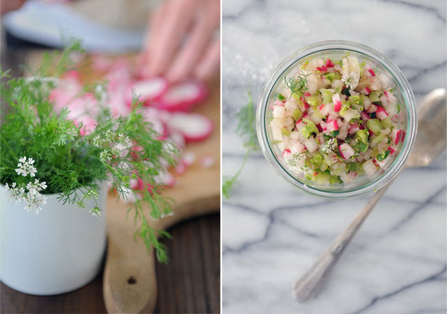Composite Photo: Flowering Cilantro and Radishes on Left Side, Radish and Green Tomato Salsa on Right Side