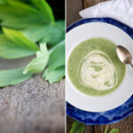 Side-by-side image featring photo #1: Lovage herb on wood, and Photo 2: Lovage soup garnished with cream in white bowl on blue plate