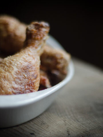 Oven-fried chicken in a white bowl