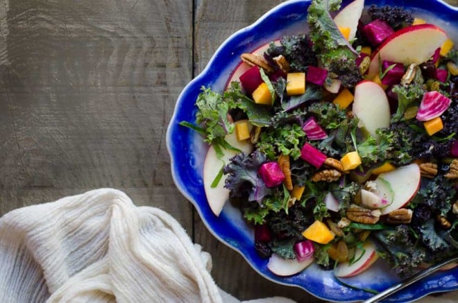 Autumn Salad: Kale, Apples, Butternut Squash, Beets, Pecans, Dried Fruit, and Kombucha Honey Mustard Dressing