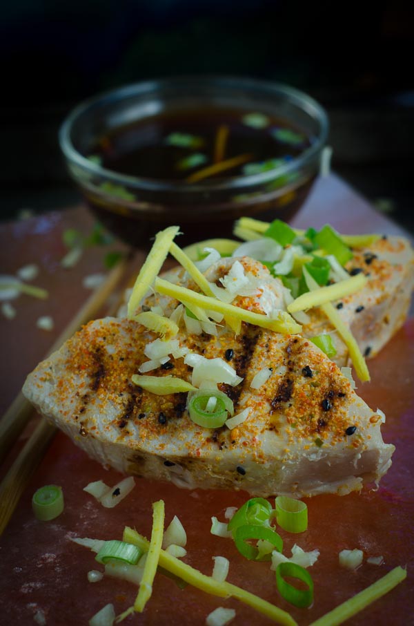 seared albacore tuna with green onions, garlic and ginger