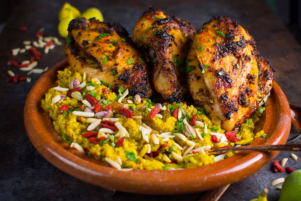 Redolent with perfume of North African spices, this easy main course blends spiced grilled chicken breast with a rich germinated brown rice pilaf.