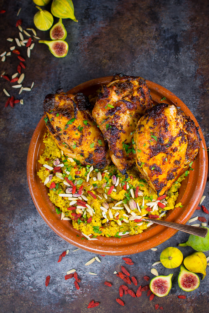 Redolent with perfume of North African spices, this easy main course blends spiced grilled chicken breast with a rich germinated brown rice pilaf.