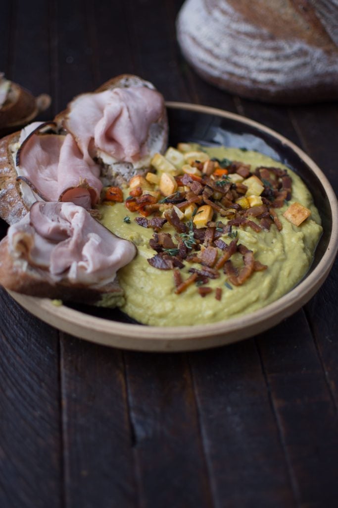 Split Pea Puree with Roasted Root Vegetables makes an easy, nutritious and deeply satisfying meal when served alongside buttered rye bread and thinly sliced ham.