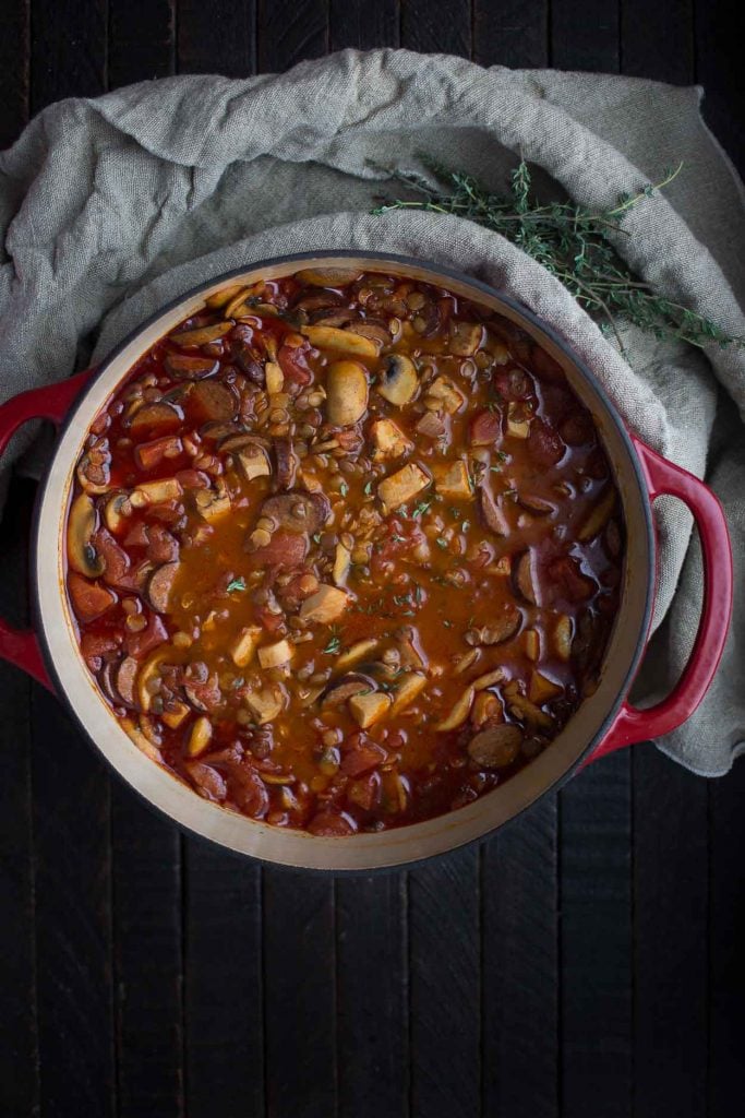 Smoky Sprouted Lentil Soup with Mushrooms, Turkey and Andouille Sausage