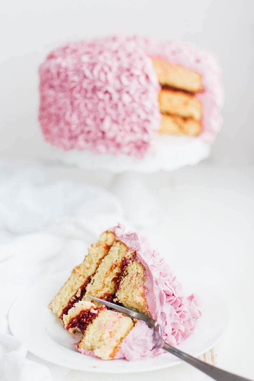 Lemon Cake with Raspberry Whipped Cream Frosting