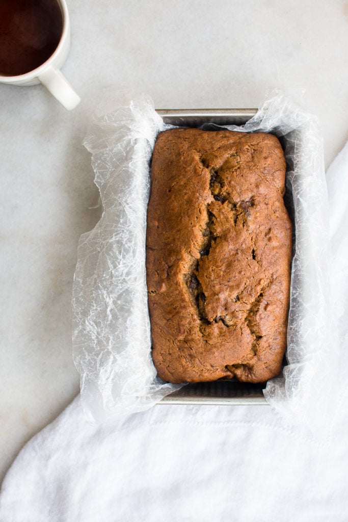 Einkorn Banana Bread recipe with chocolate chips and walnuts.