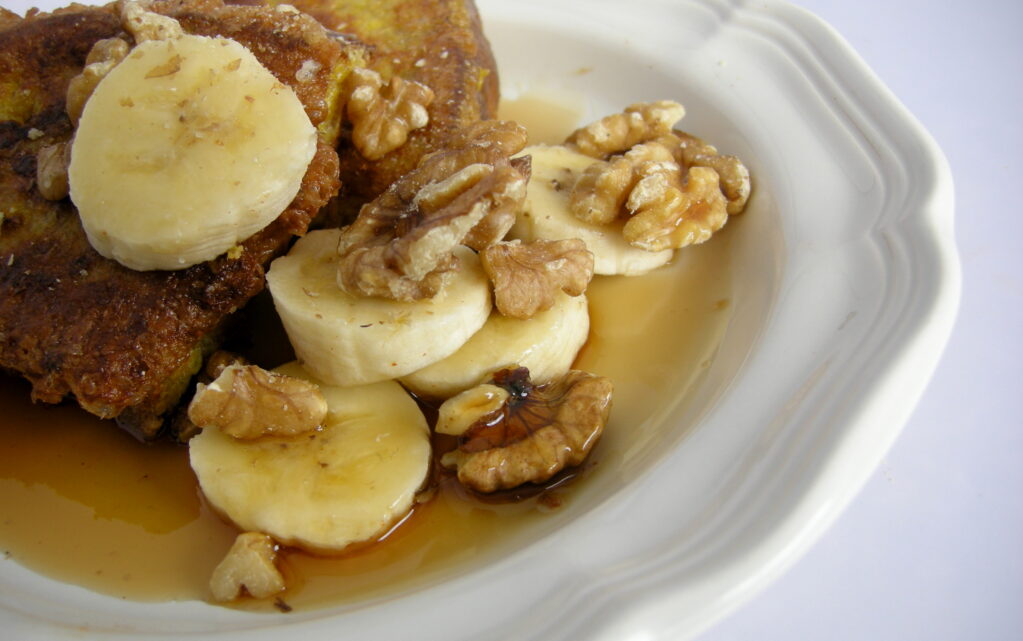 Sourdough french toast with bananas and walnuts