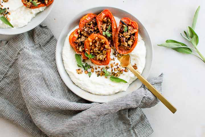 Roasted plum tomatoes and toasted pecans served over ricotta cheese.