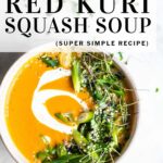pinterest pin red kuri squash soup garnished with herbs