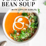 Pinterest pin tomato and bean soup garnished with herbs and almonds