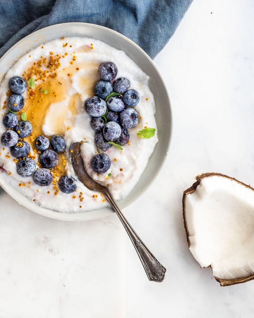 coconut yogurt in a bowl, garnished with blueberries, honey and bee pollen