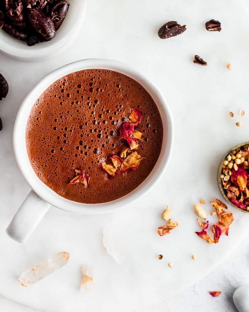 Ceremonial Cacao garnished with rose petals