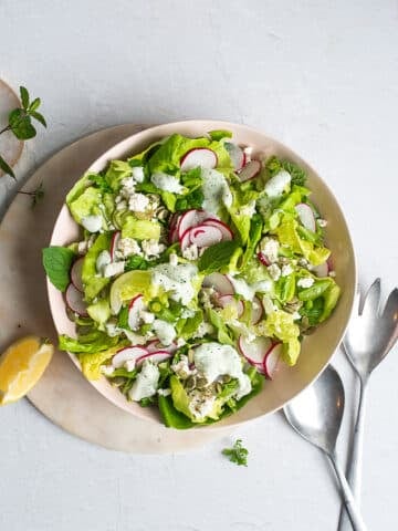 spring salad with lettuce, radishes, snap peas, and creamy herb dressing