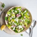 spring salad with lettuce, radishes, snap peas, and creamy herb dressing