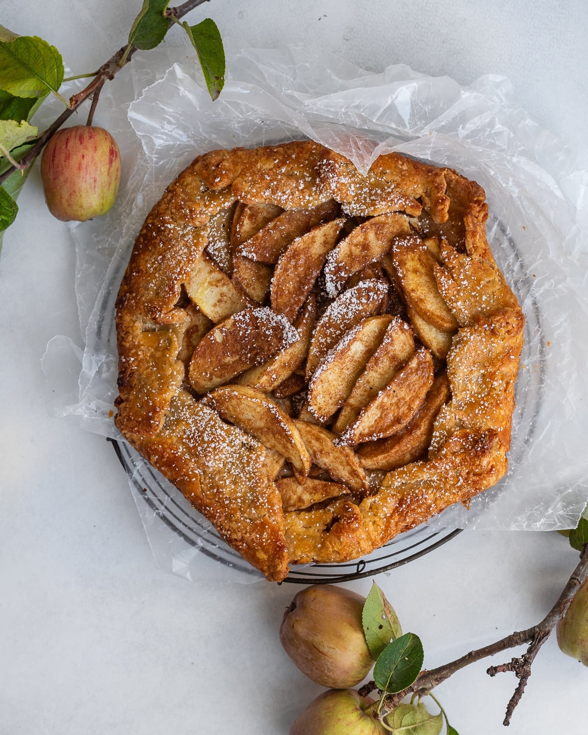 Apple galette with sourdough einkorn crust on a white background